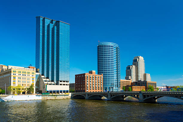 grand rapids downtown skyline with grand river in the foreground.